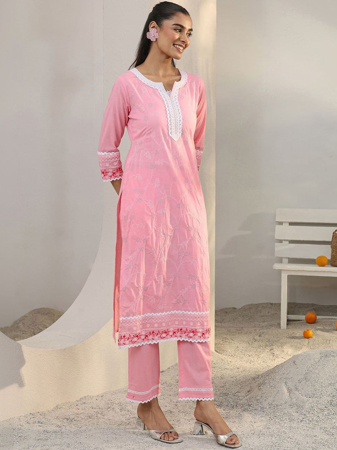 Libas Pink Floral Embroidered Cotton Straight Suit Set With Dupatta thumbnail 6