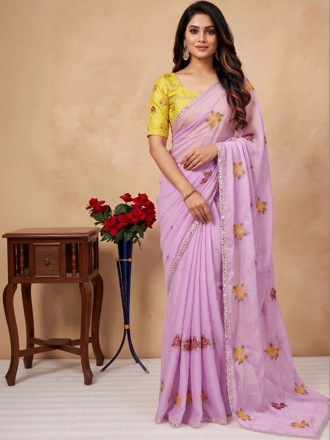 SmileyFashion Floral Mirror Work Poly Chiffon Designer Saree - view 1