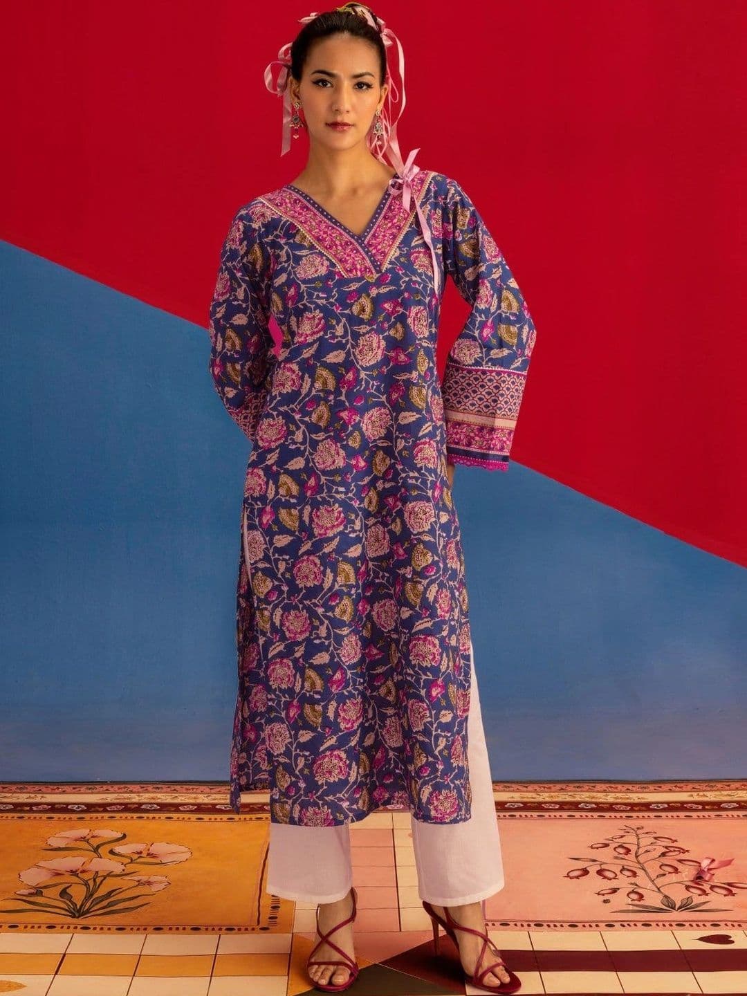 Libas Women Phoebe Blue Printed Cotton Straight Kurta - view 1