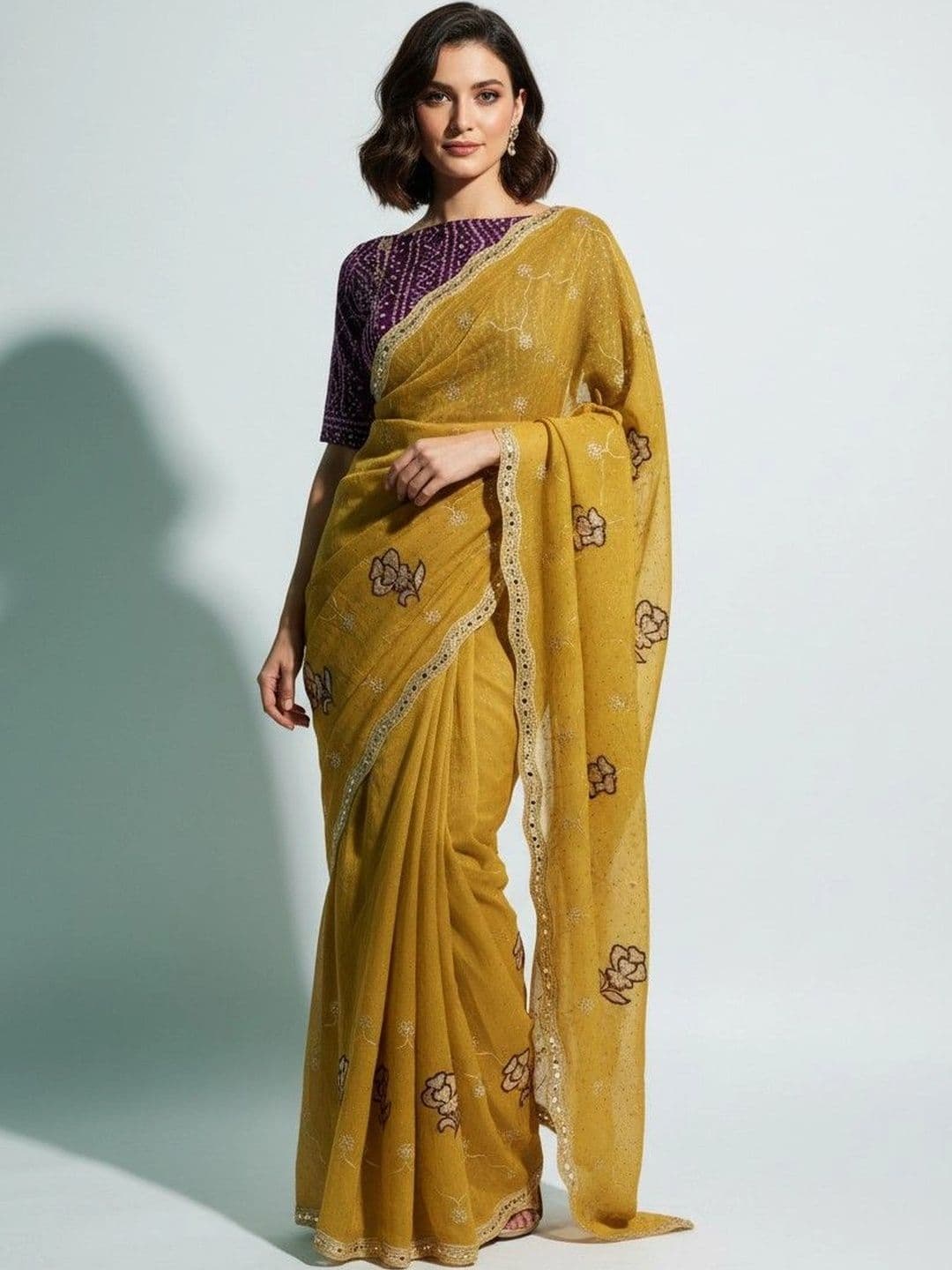 SmileyFashion Floral Poly Georgette Saree - view 1