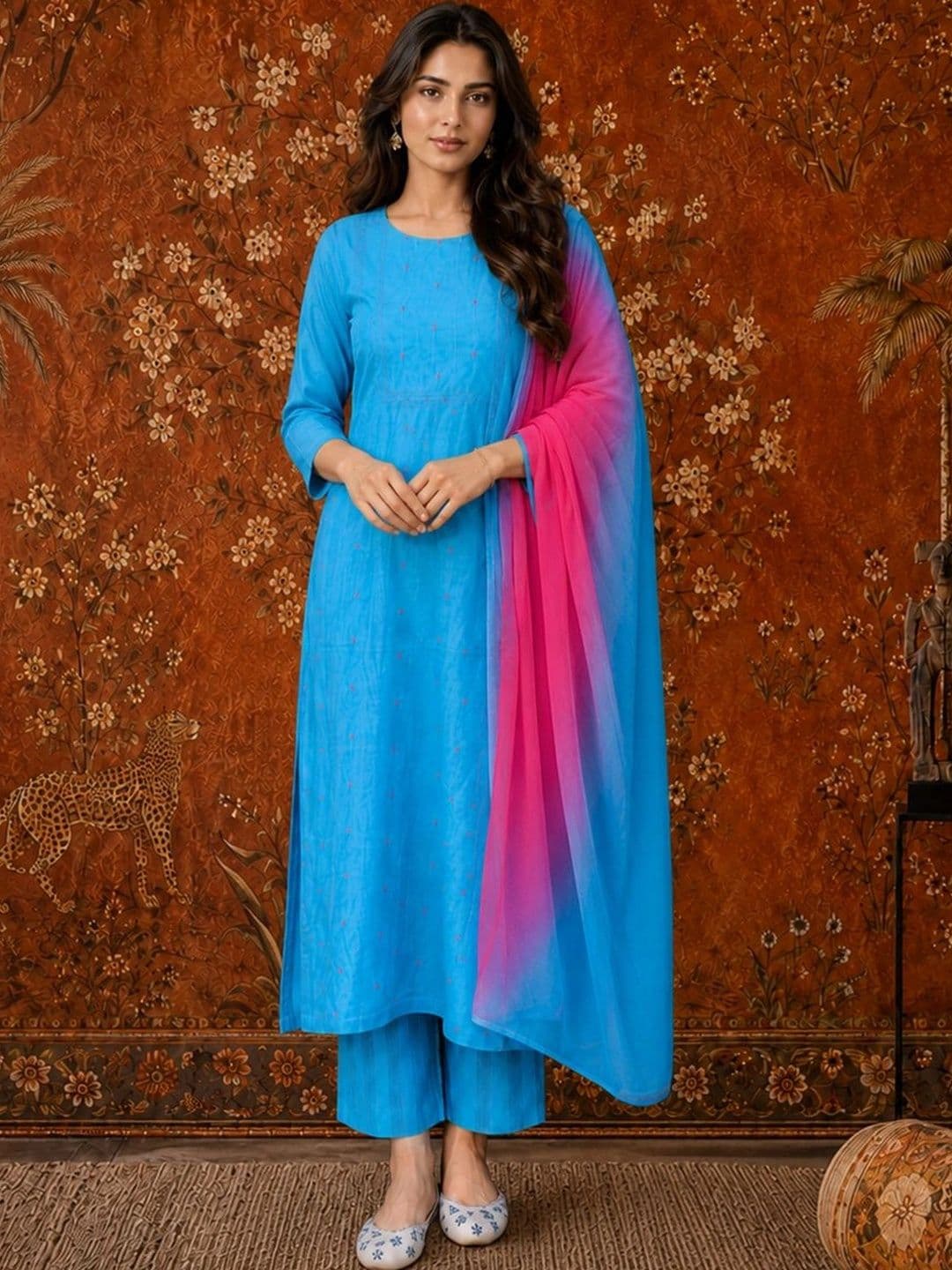 Sangria Women Ethnic Motifs Printed Regular Kurta with Trousers & With Dupatta thumbnail 5