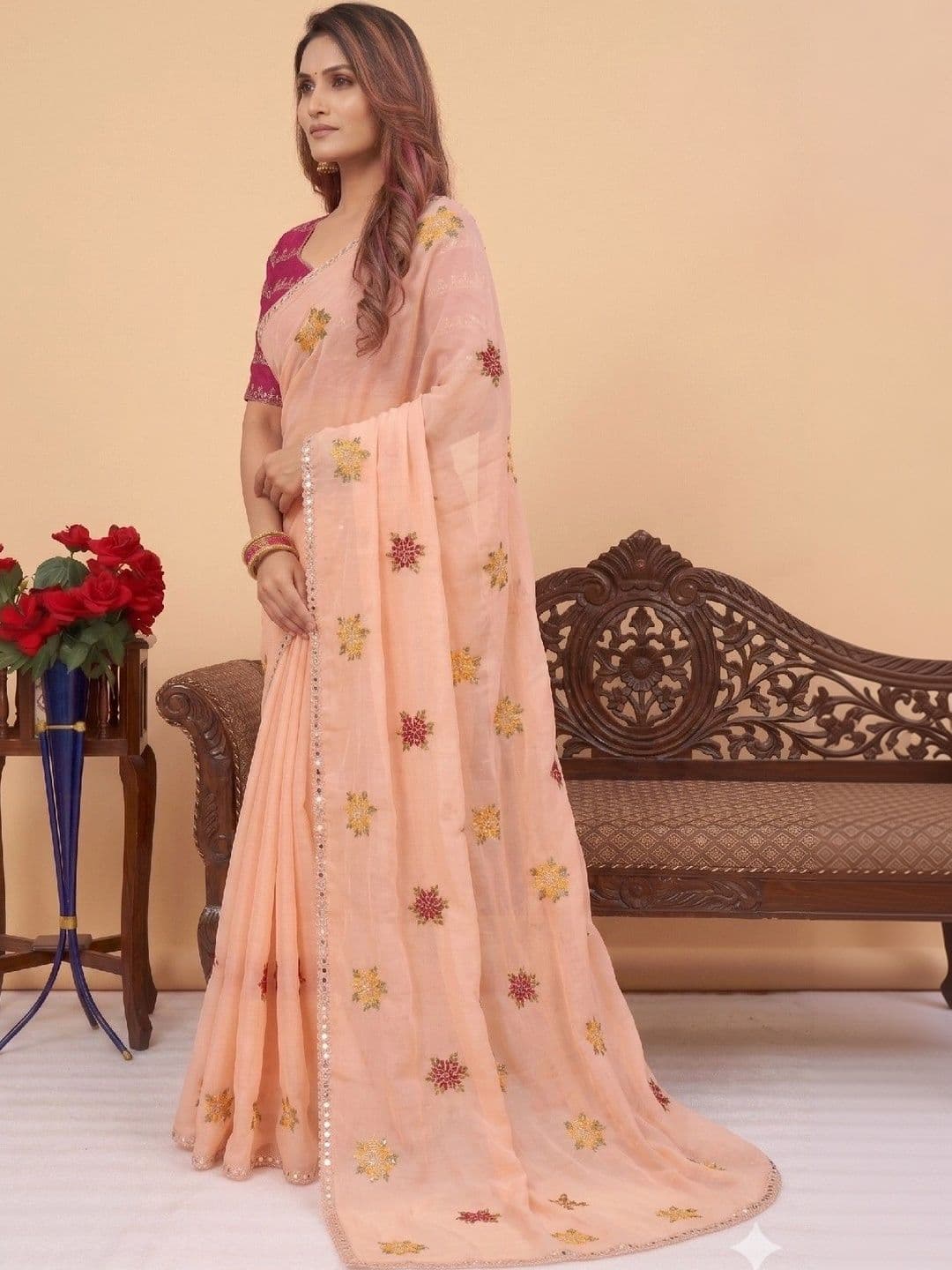 SmileyFashion Floral Mirror Work Poly Chiffon Designer Saree thumbnail 2