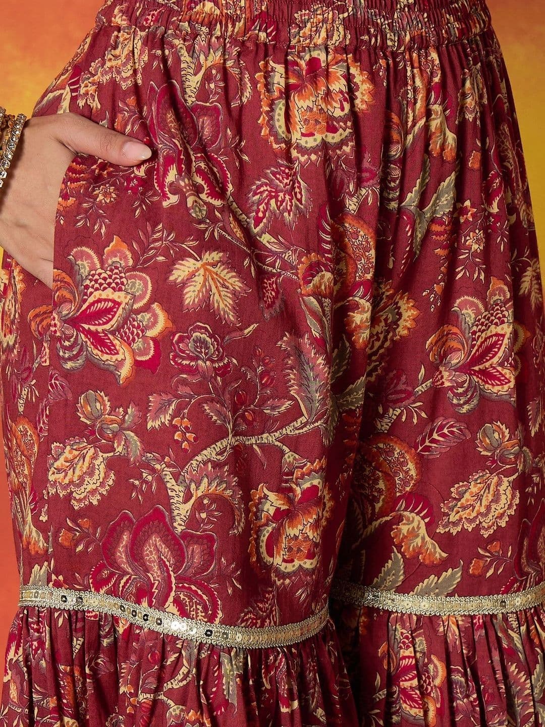 Stylum Women Floral Printed Tiered Sequinned Pure Cotton Kurta with Sharara & With Dupatta thumbnail 2