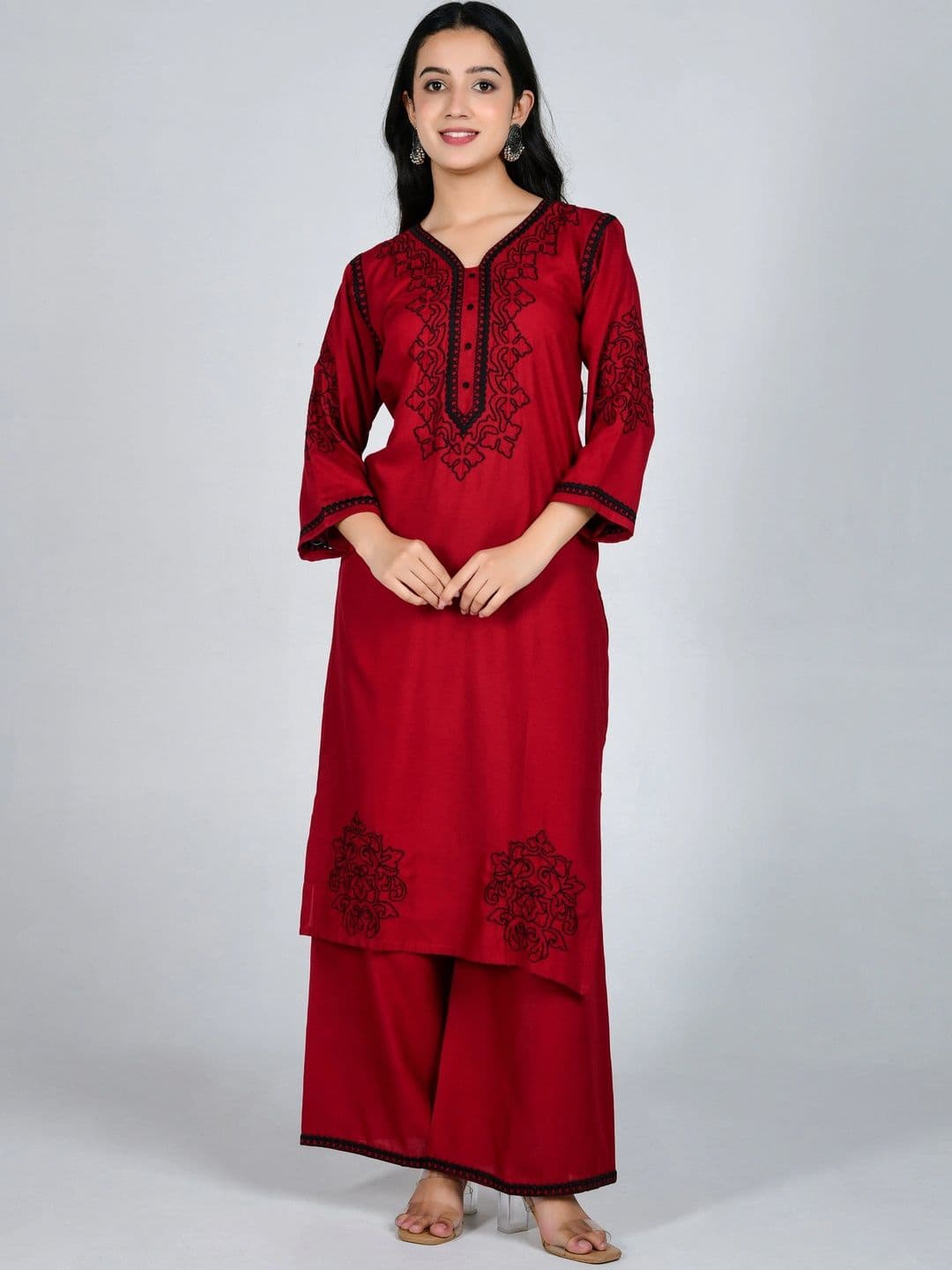 YOJINI Women Ethnic Motifs Embroidered Regular Thread Work Kurta with Palazzos - view 1
