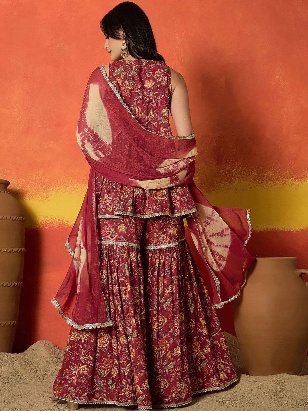 Stylum Women Floral Printed Tiered Sequinned Pure Cotton Kurta with Sharara & With Dupatta thumbnail 3