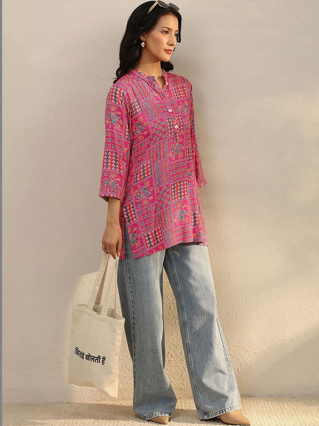 Libas Pink Multi Printed Rayon Straight Tunic - view 1