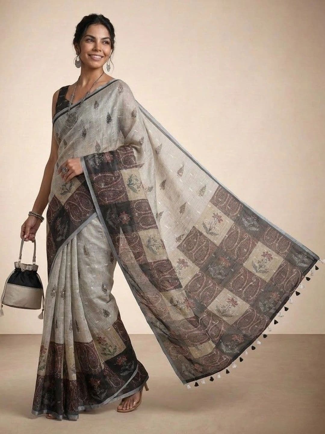 Anouk Paisley Linen Blend Ikat Saree thumbnail 2
