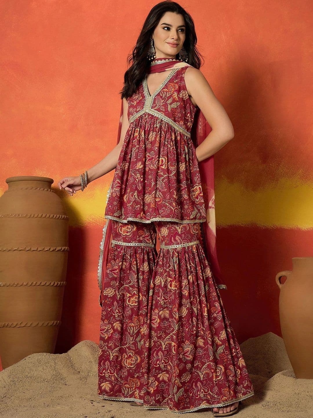 Stylum Women Floral Printed Tiered Sequinned Pure Cotton Kurta with Sharara & With Dupatta thumbnail 6