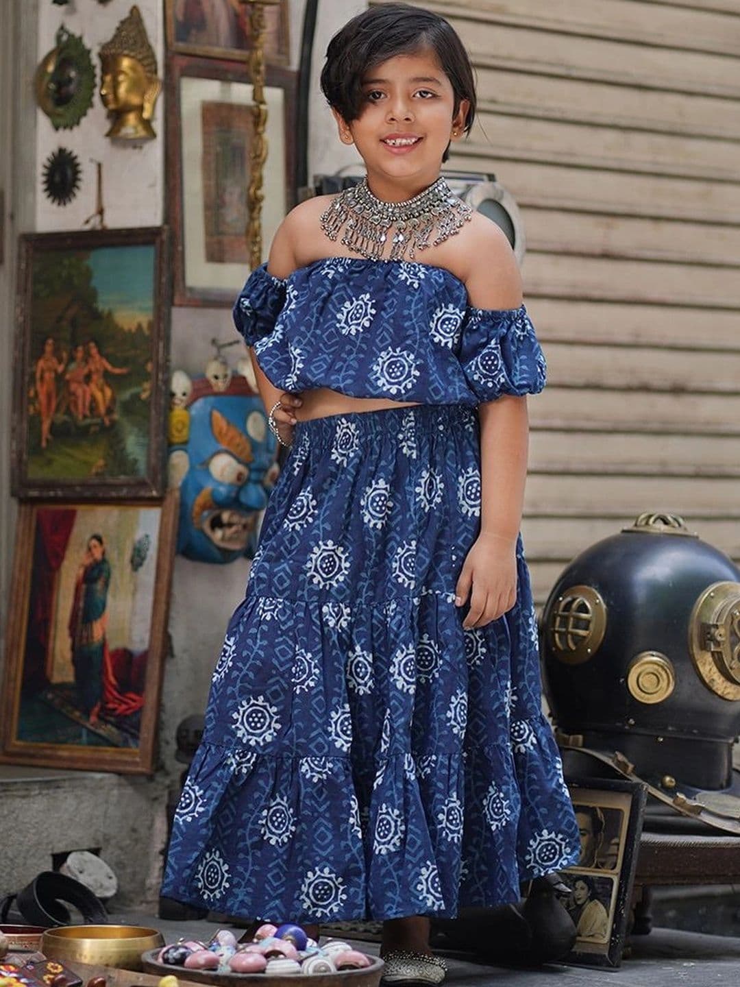 Laad Girls Printed Block Print Ready to Wear Lehenga & - view 1
