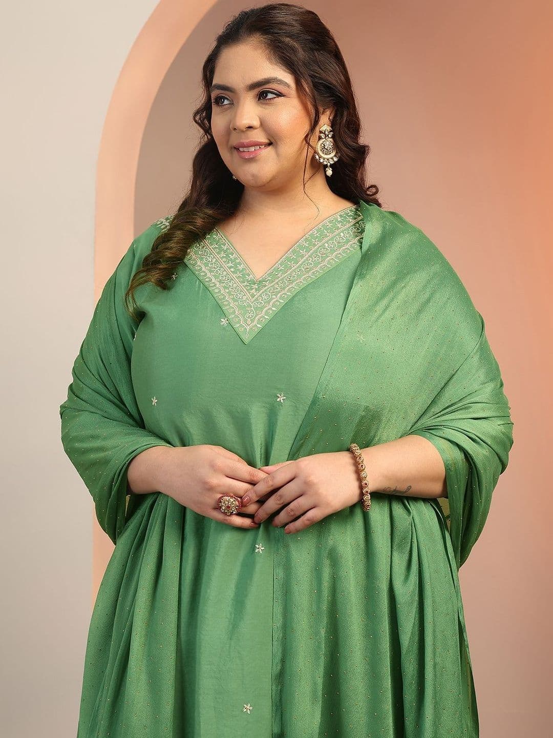 EXTRA LOVE BY LIBAS Women Plus Size Embroidered Kurta with Harem Pants & Dupatta thumbnail 7