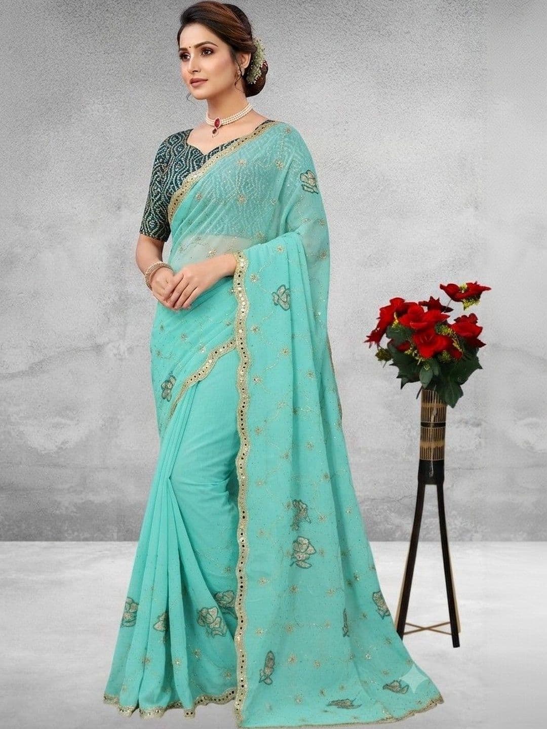 SmileyFashion Floral Embroidered Poly Georgette Saree - view 1