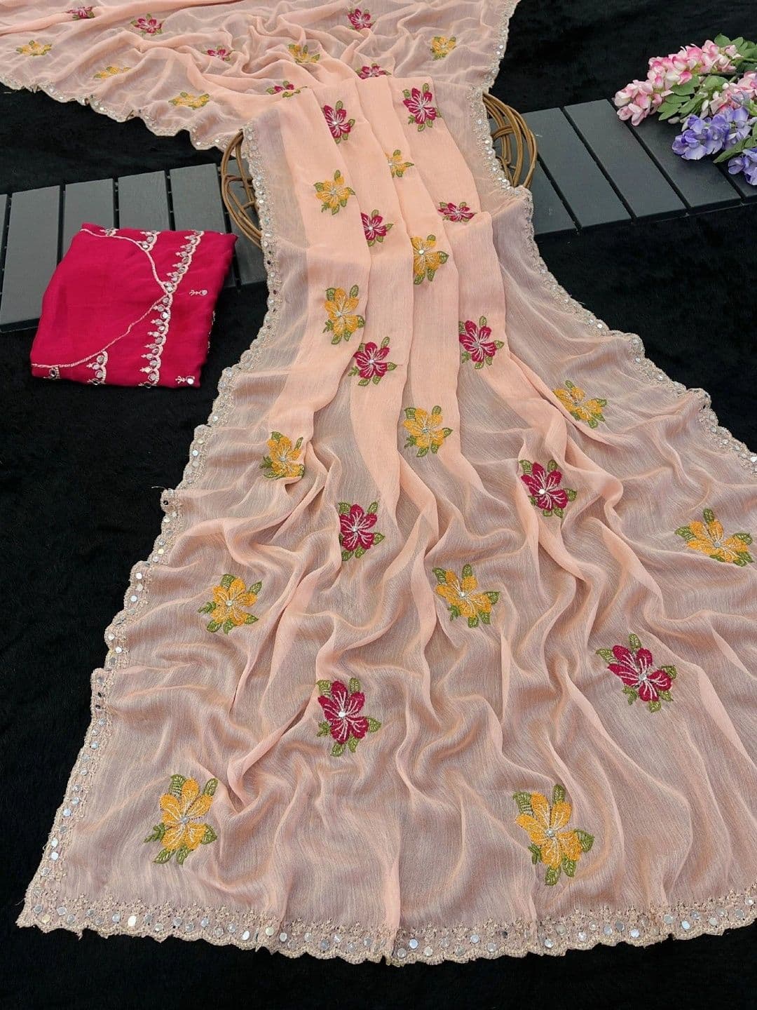 SmileyFashion Floral Mirror Work Poly Chiffon Designer Saree thumbnail 7