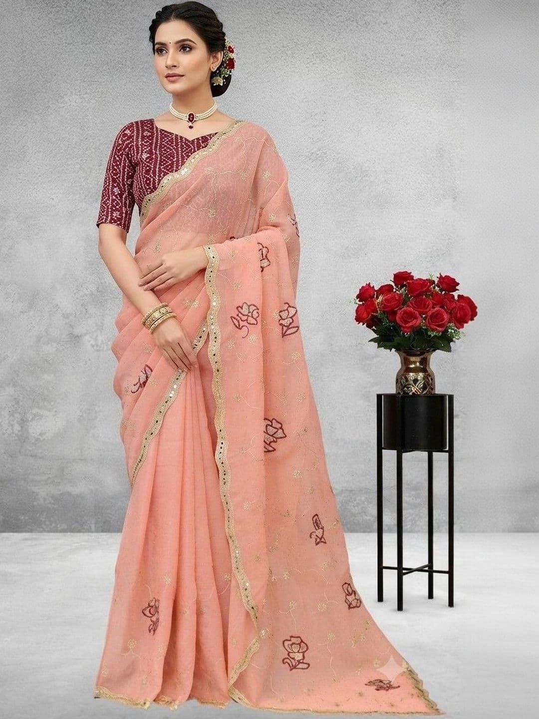 SmileyFashion Floral Embroidered Poly Georgette Saree - view 1