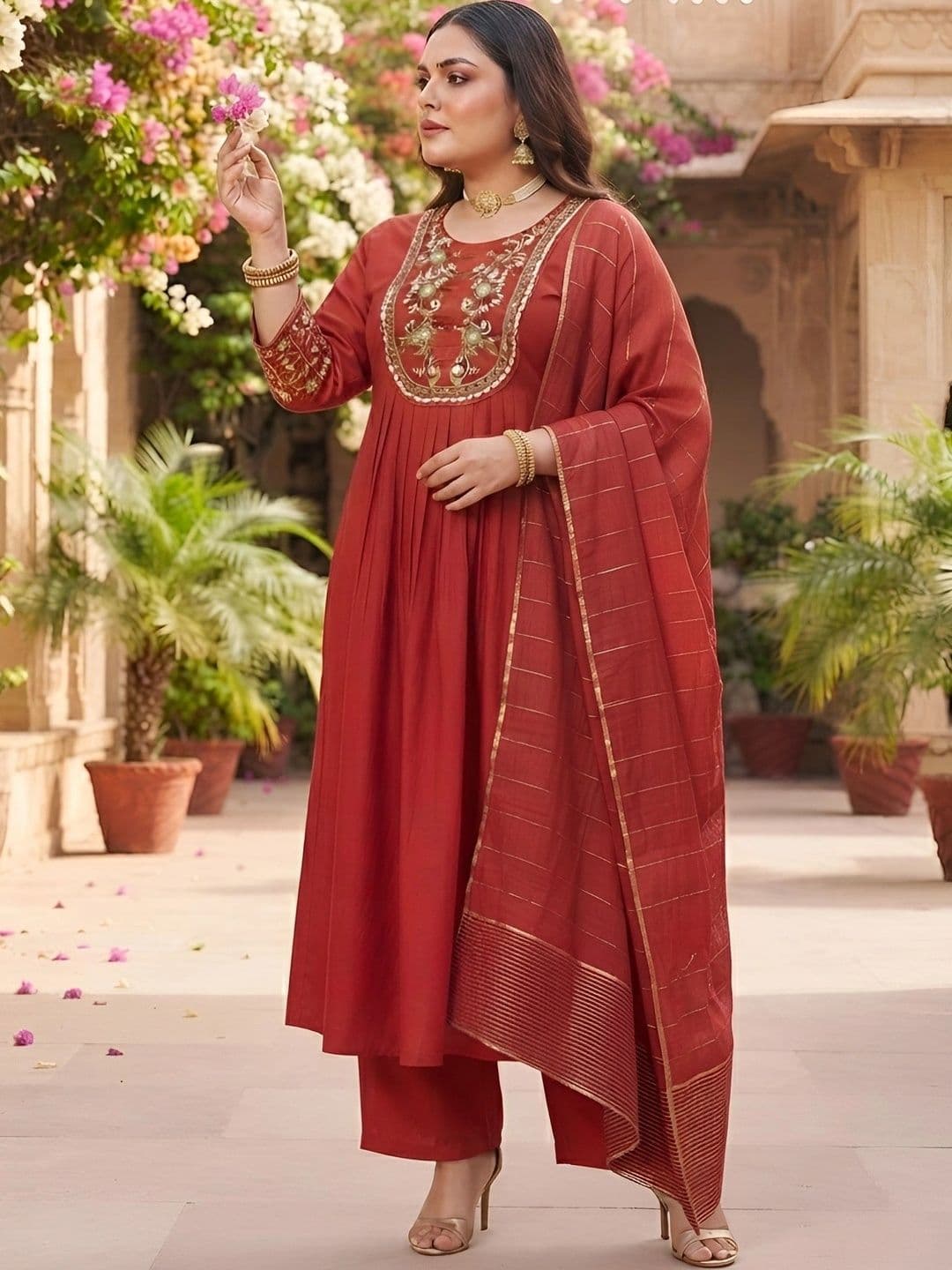 Nayo Women Ethnic Motifs Embroidered Pleated Gotta Patti Chanderi Silk Kurta with Trousers & With Dupatta thumbnail 4