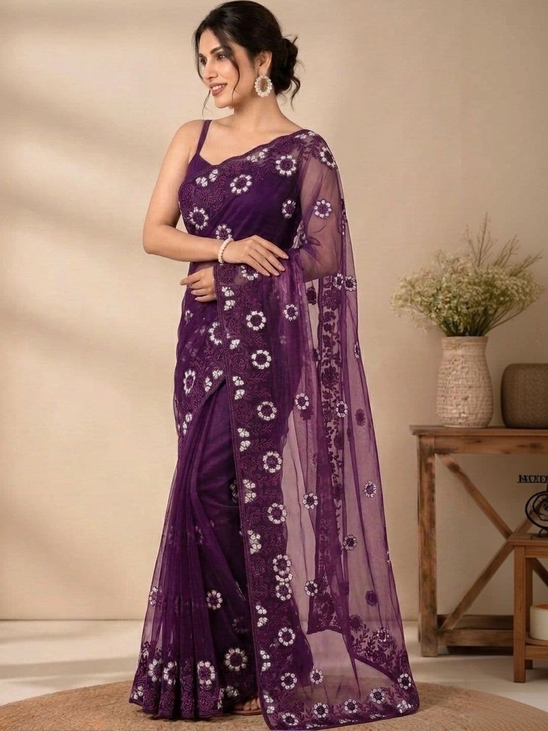 akhodalkrp Floral Embroidered Net Saree thumbnail 2