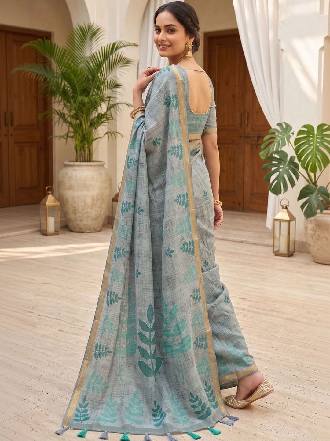 OLIVE SAGE Linen Blend Tussar Saree thumbnail 3