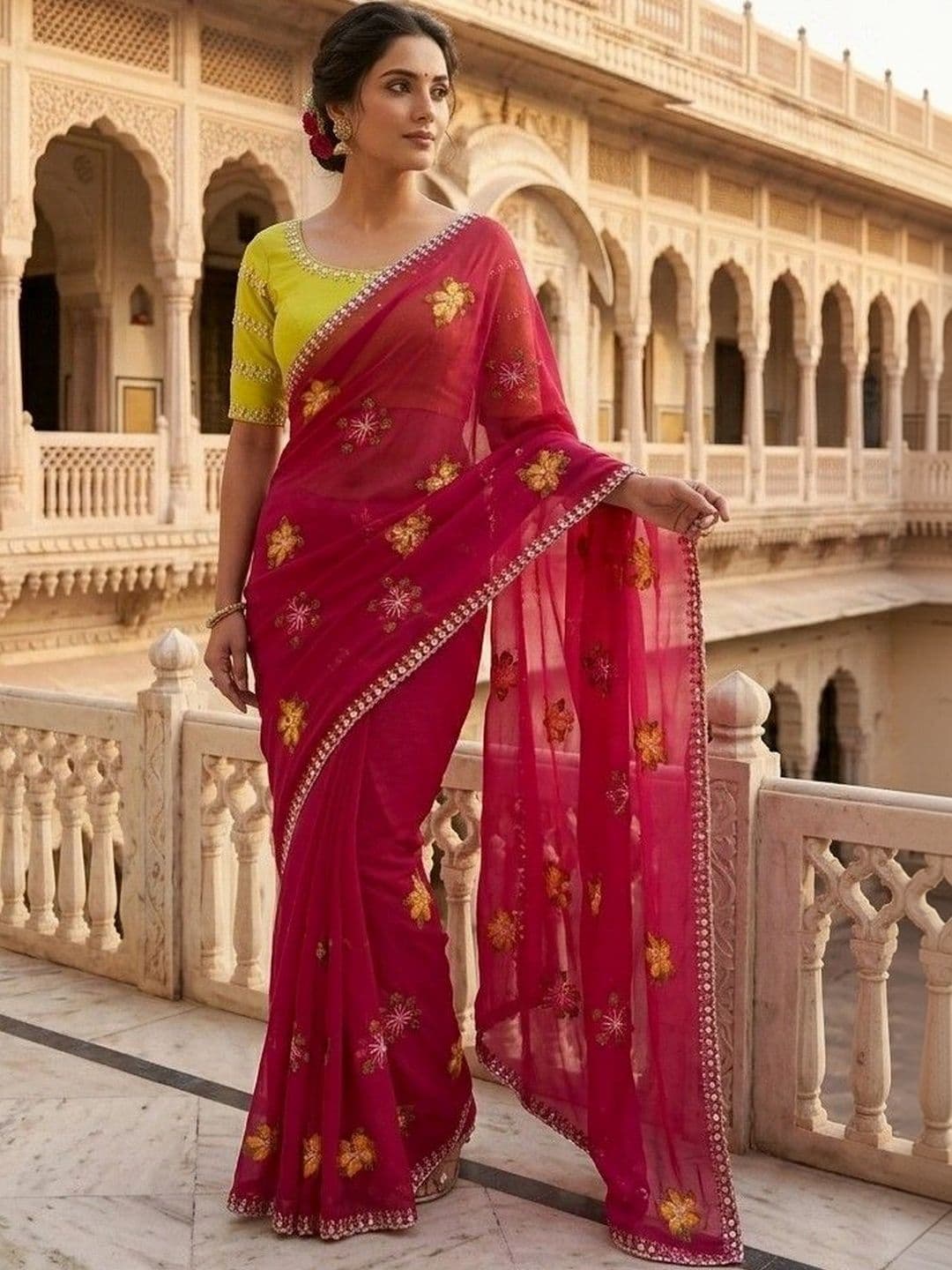 SmileyFashion Floral Mirror Work Poly Chiffon Designer Saree thumbnail 5