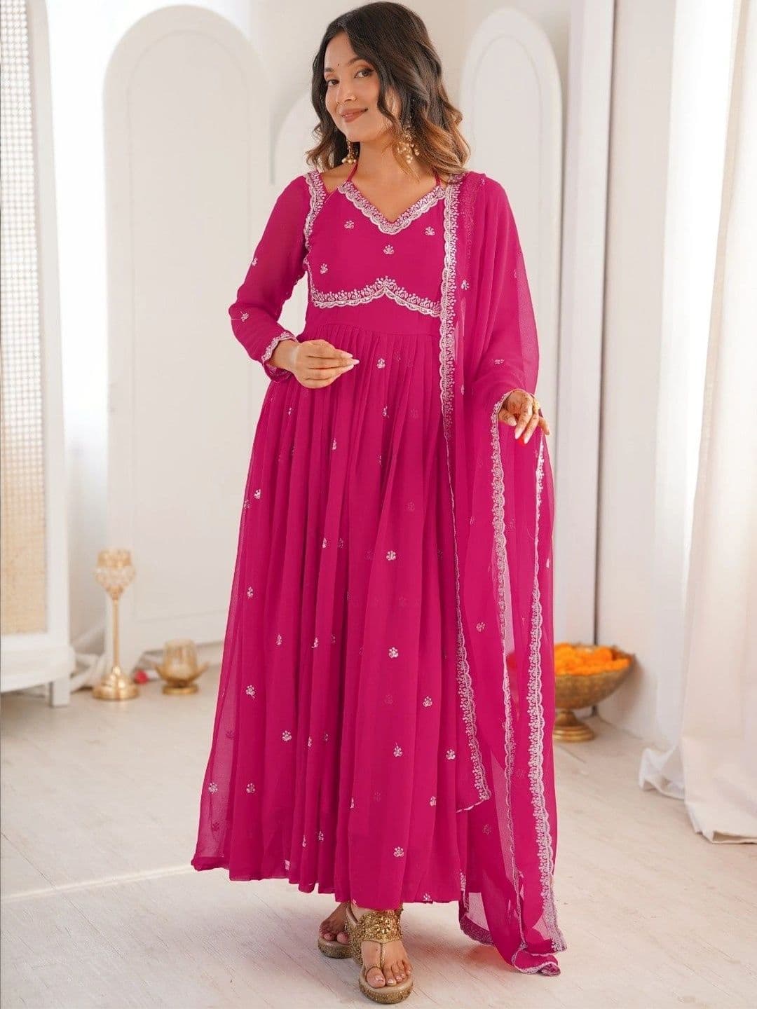 Frenzy Fusion Women Ethnic Motifs Embroidered Empire Thread Work Kurta with Pyjamas & With Dupatta thumbnail 5