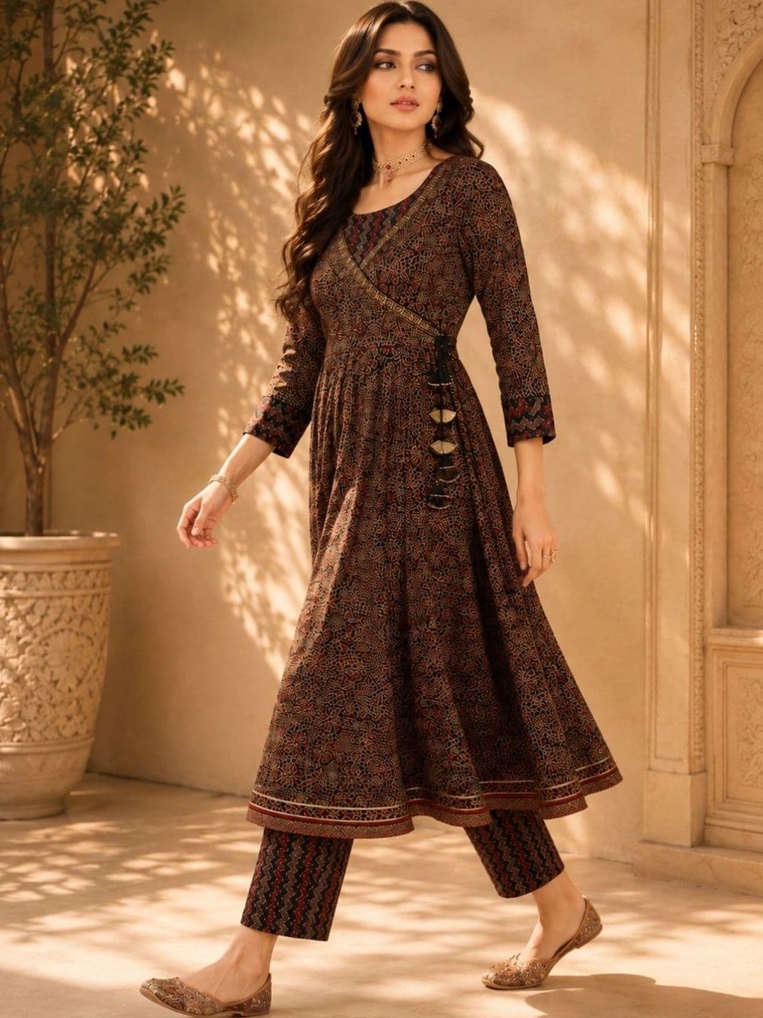 indo street Women Ethnic Motifs Printed Angrakha Pure Cotton Kurta with Trousers thumbnail 2
