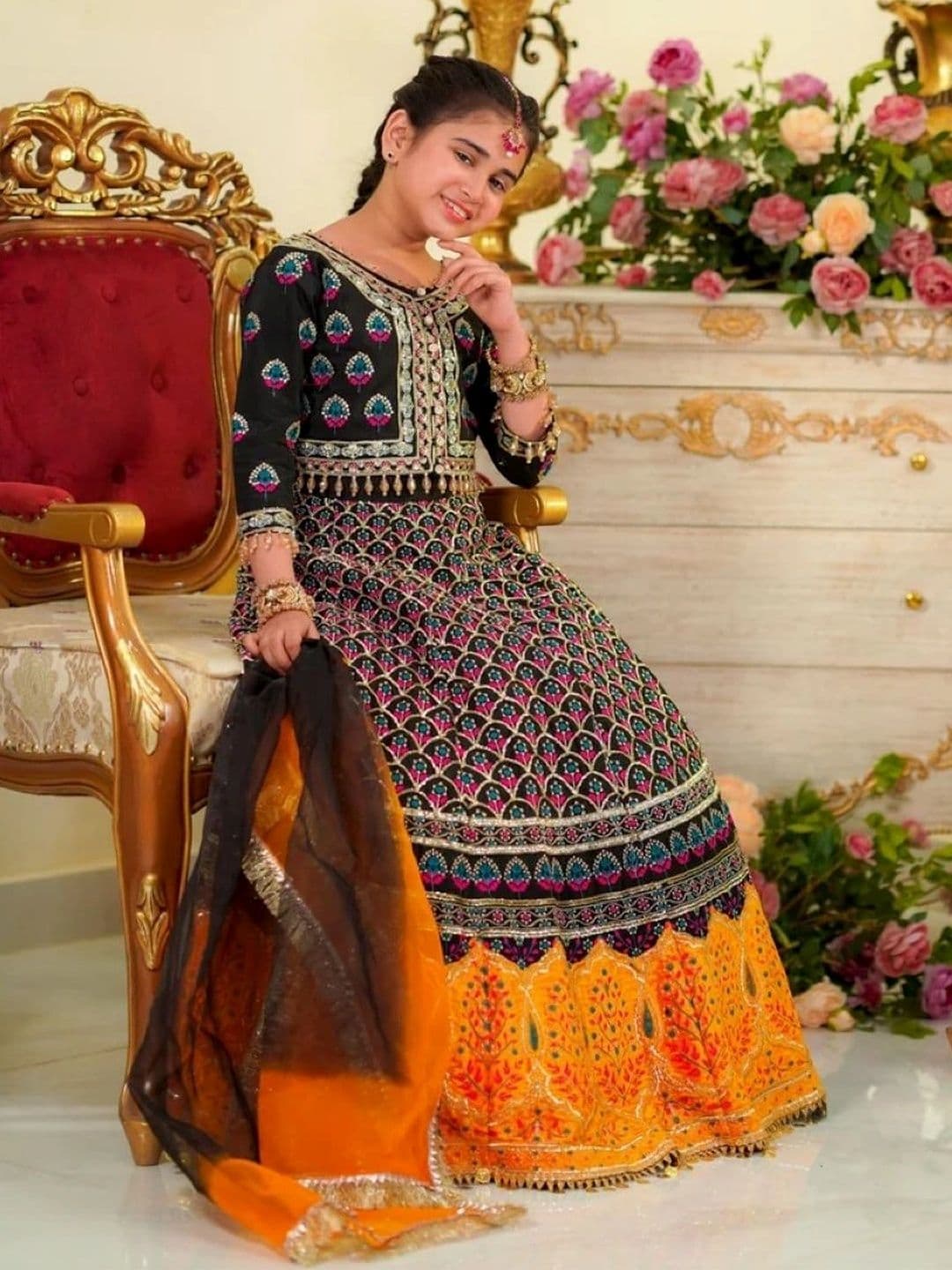 NKV Girls Embroidered Ready to Wear Lehenga & Blouse With Dupatta thumbnail 3