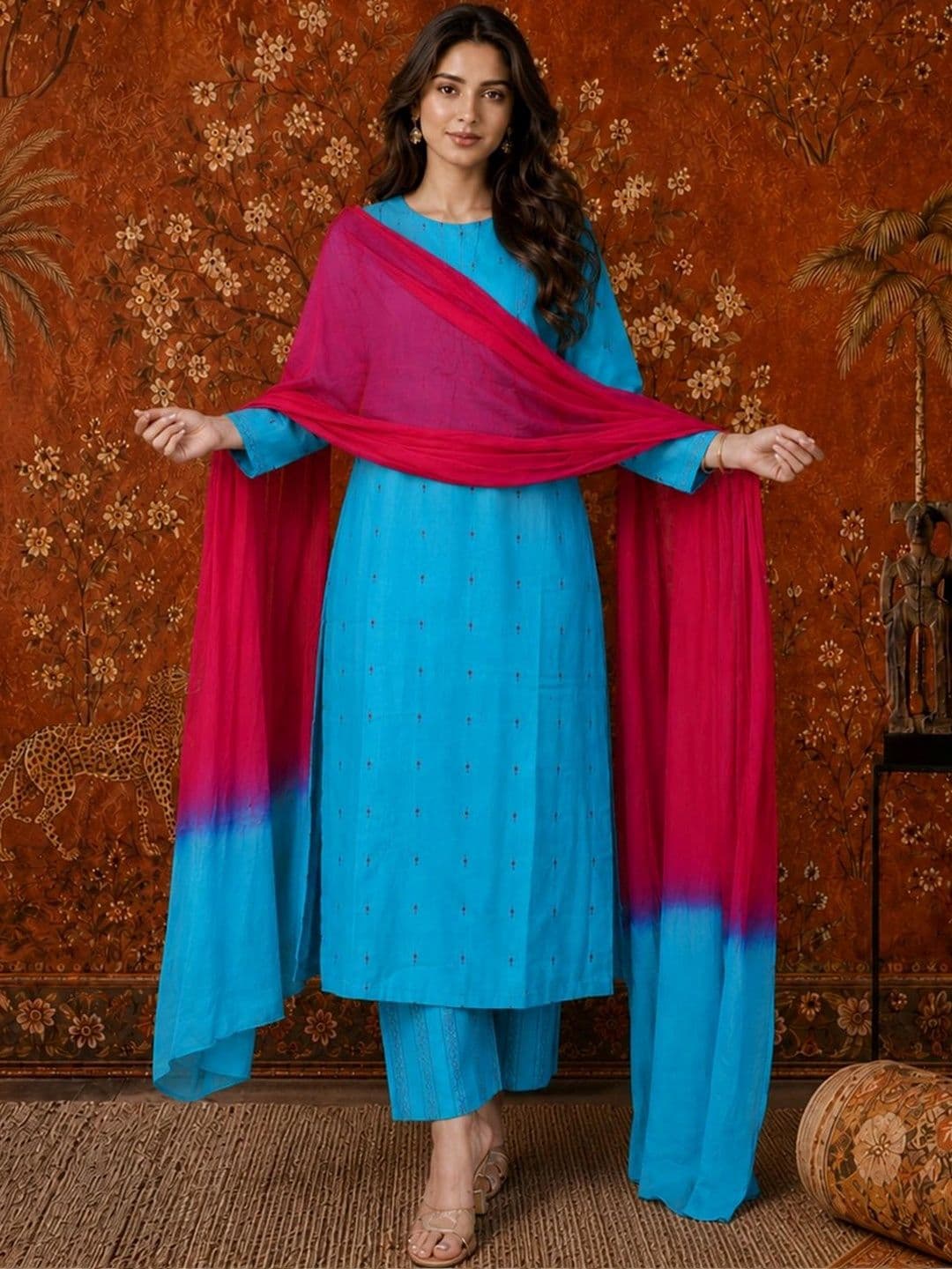 Sangria Women Ethnic Motifs Printed Regular Kurta with Trousers & With Dupatta - view 1