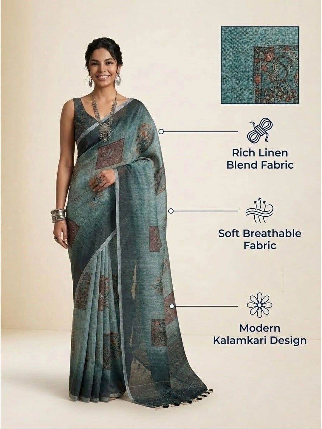 Anouk Kalamkari Linen Blend Saree thumbnail 6