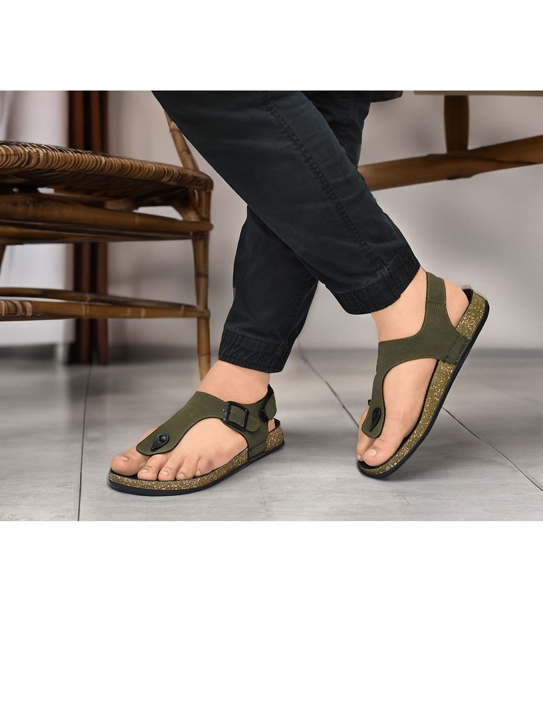 G L Trend Men Casual Iightweight Olive T Strap Velcro Sandals thumbnail 6