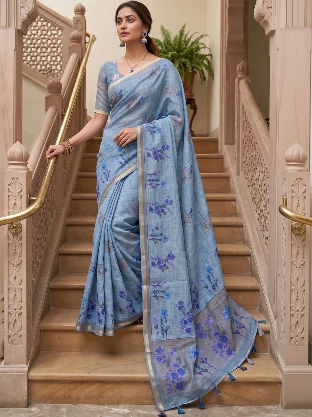 OLIVE SAGE Floral Linen Blend Tussar Saree thumbnail 4