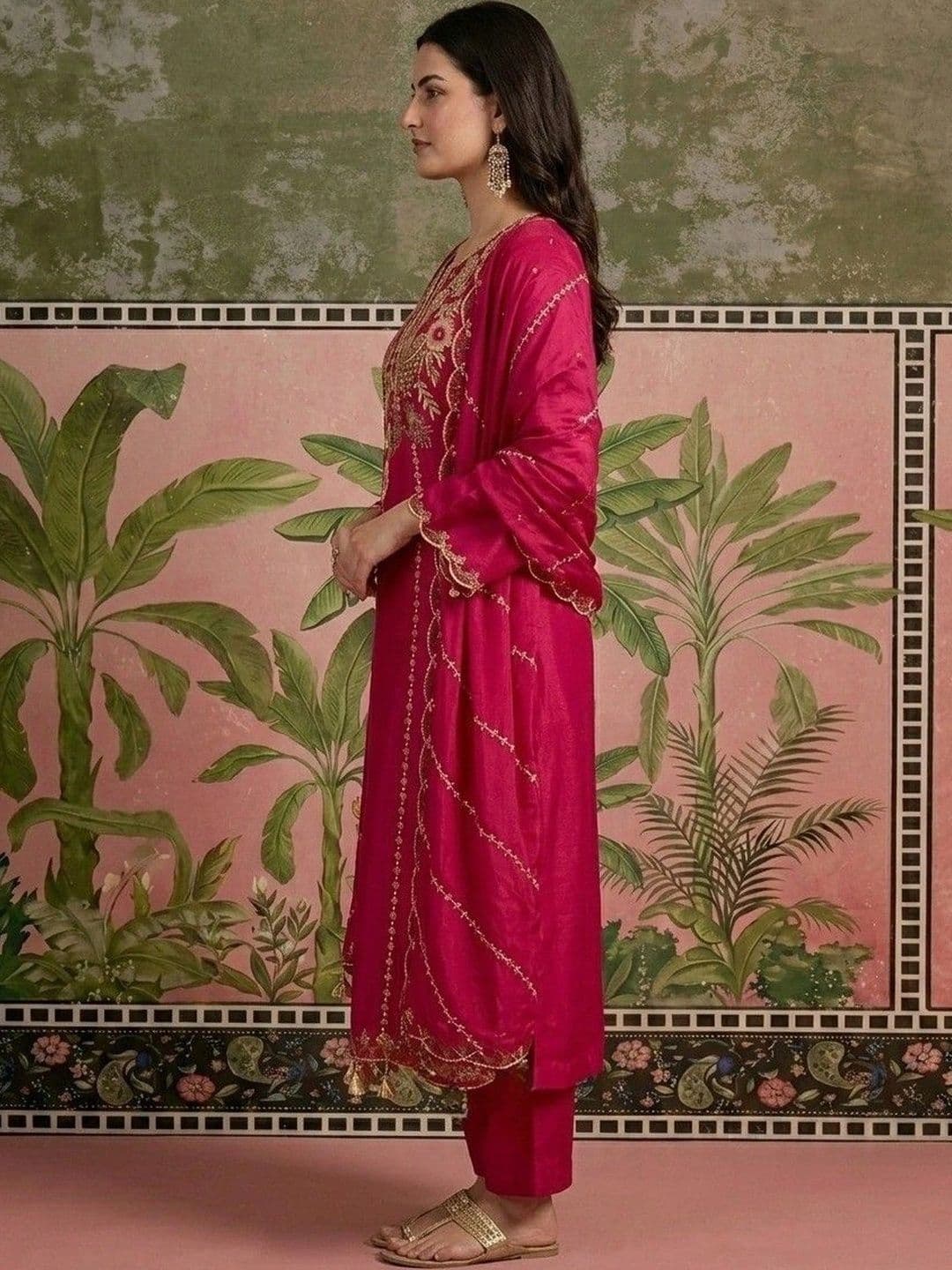 all about you Women Ethnic Motifs Embroidered Regular Thread Work Chanderi Silk Kurta with Trousers & With thumbnail 2