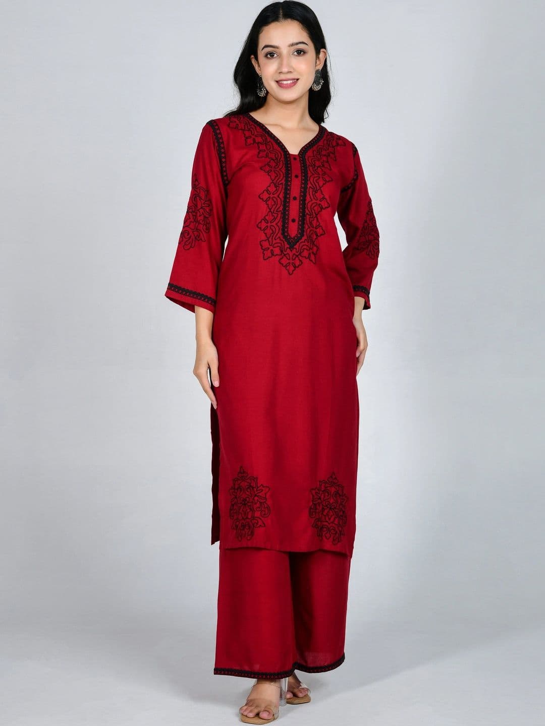 YOJINI Women Ethnic Motifs Embroidered Regular Thread Work Kurta with Palazzos thumbnail 2