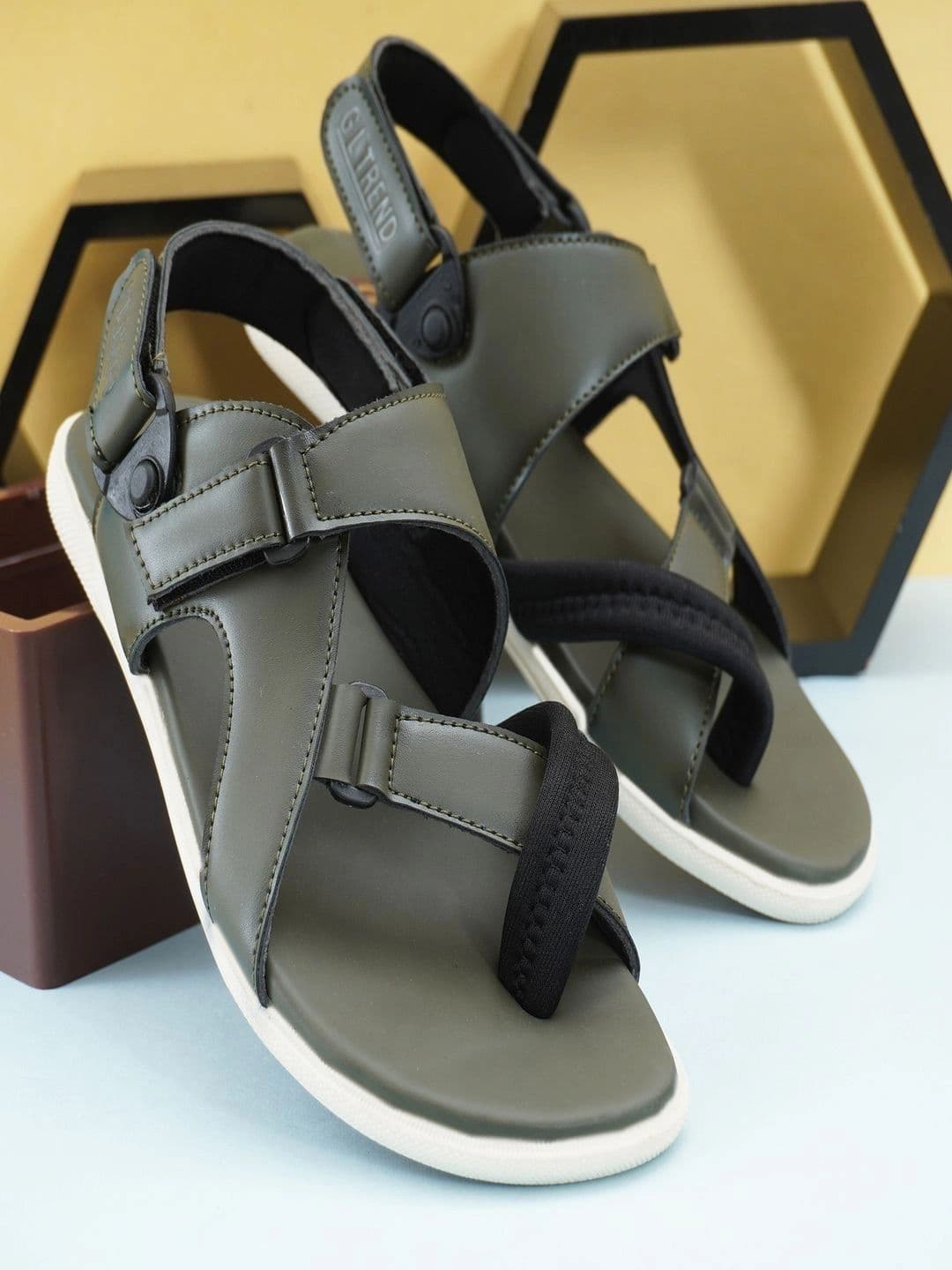 G L Trend Men Leather Comfort Olive Sandals with velcro closure - view 1