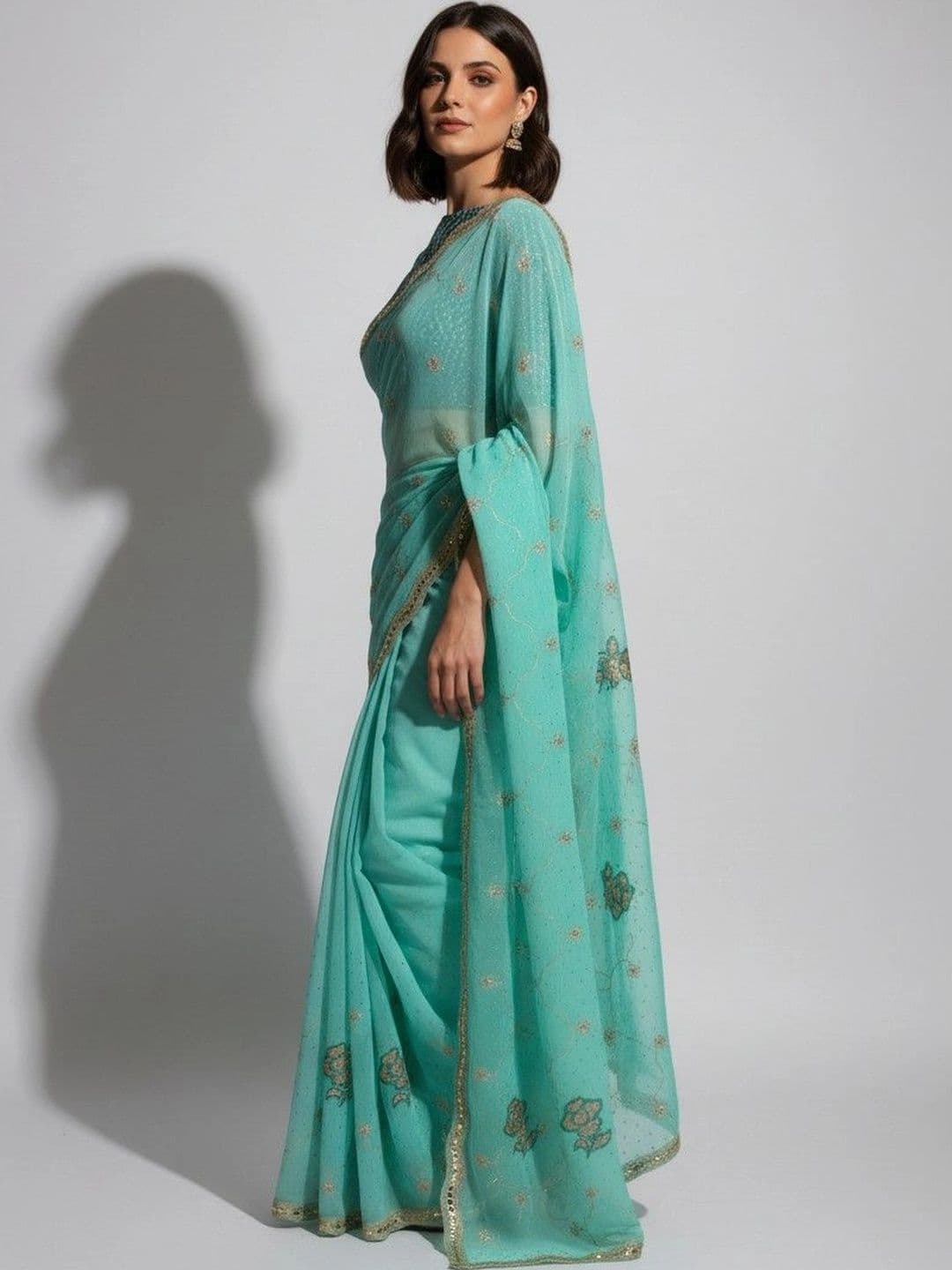 SmileyFashion Embellished Embroidered Poly Georgette Saree thumbnail 2