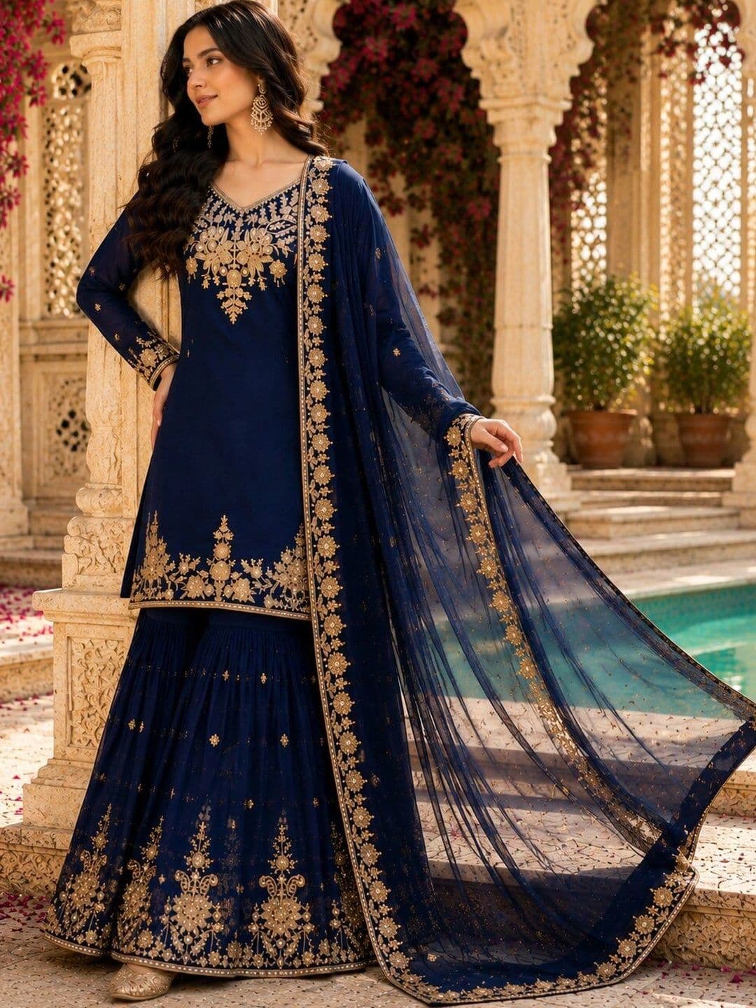 KALINI Women Ethnic Motifs Embroidered Regular Kurta with Sharara & With Dupatta thumbnail 3