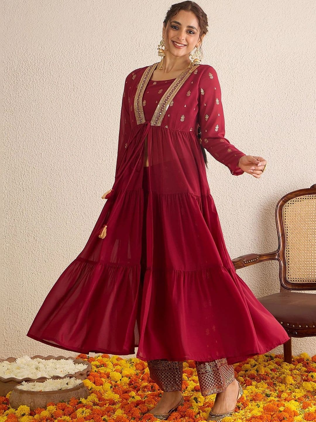 Janasya Women Maroon Georgette Embellished Gold Printed Front-Open Tiered Kurta Pant Set thumbnail 7