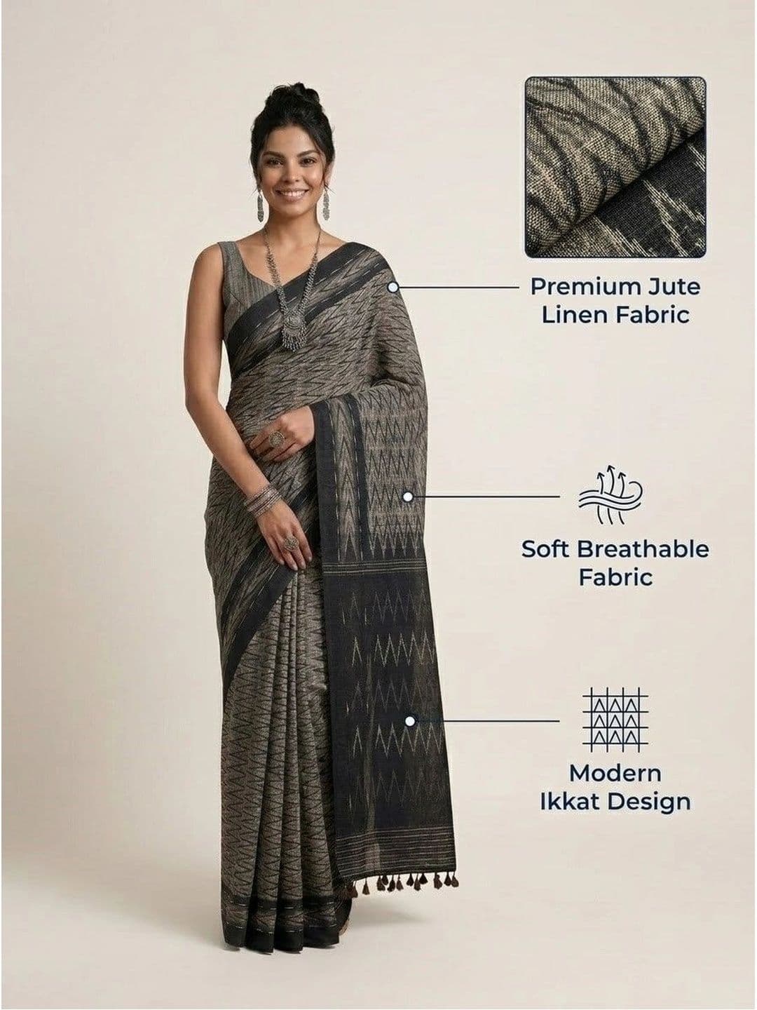 Anouk Woven Design Linen Blend Ikat Saree thumbnail 3