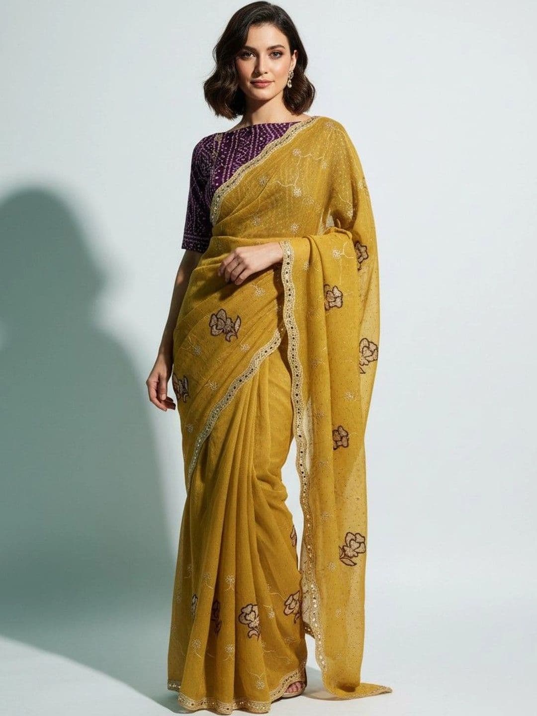 SmileyFashion Floral Embroidered Poly Georgette Saree - view 1