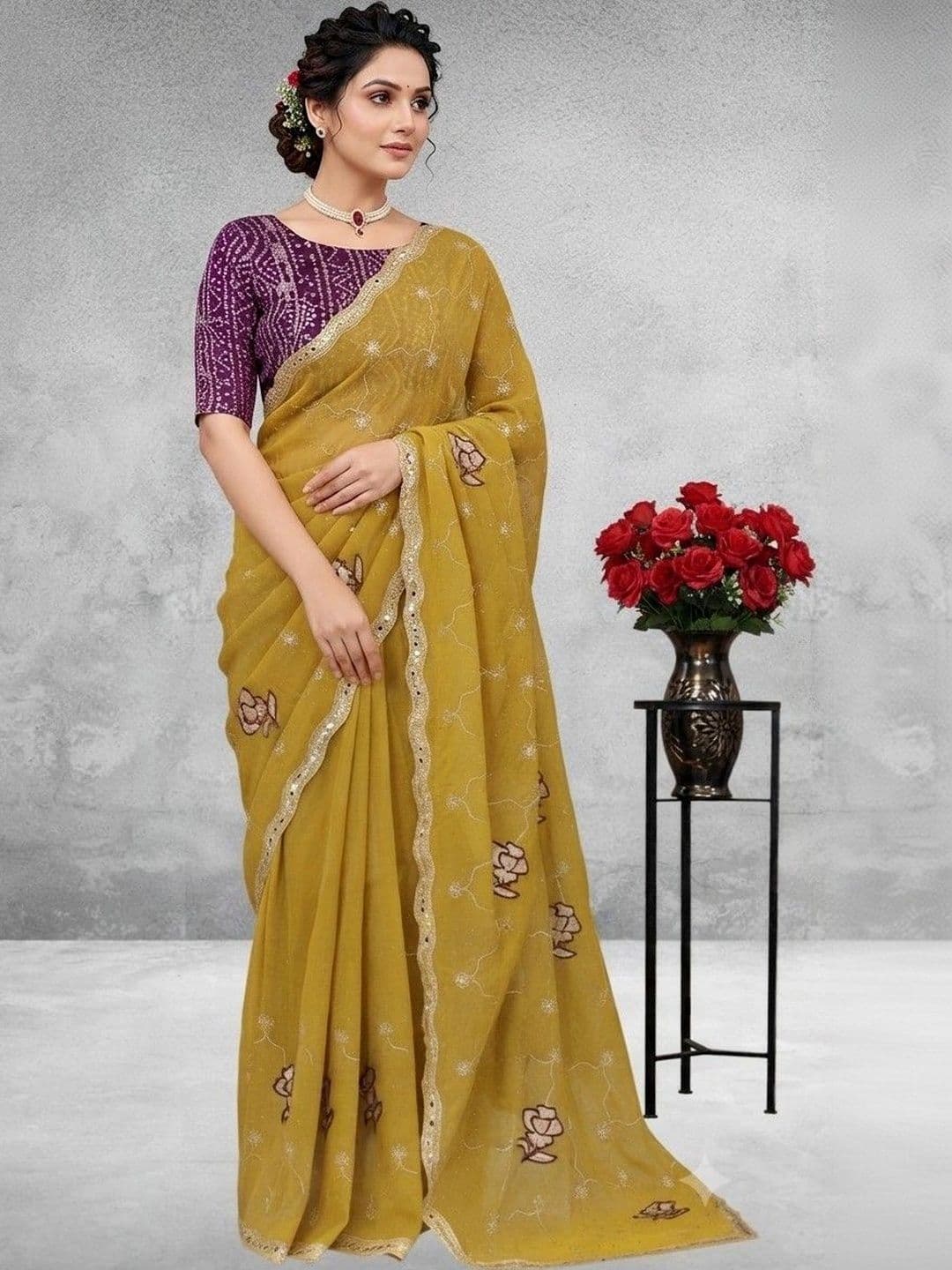 SmileyFashion Floral Embroidered Poly Georgette Saree - view 1
