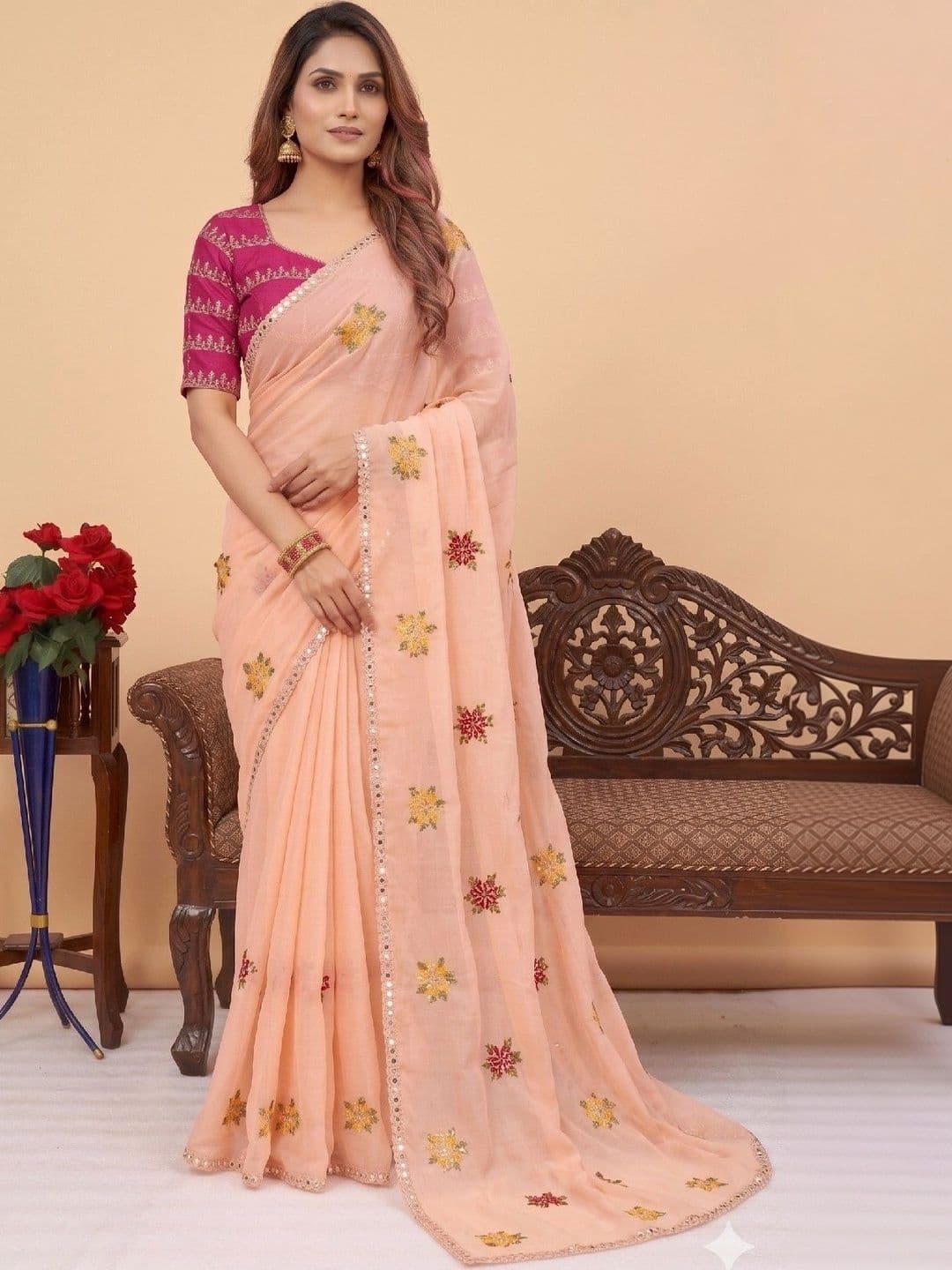 SmileyFashion Floral Mirror Work Poly Chiffon Designer Saree thumbnail 5