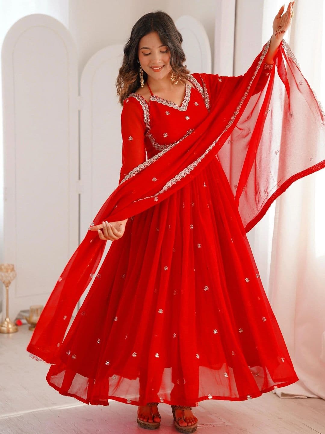 Frenzy Fusion Women Ethnic Motifs Embroidered Angrakha Thread Work Kurta with Palazzos & With Dupatta - view 1