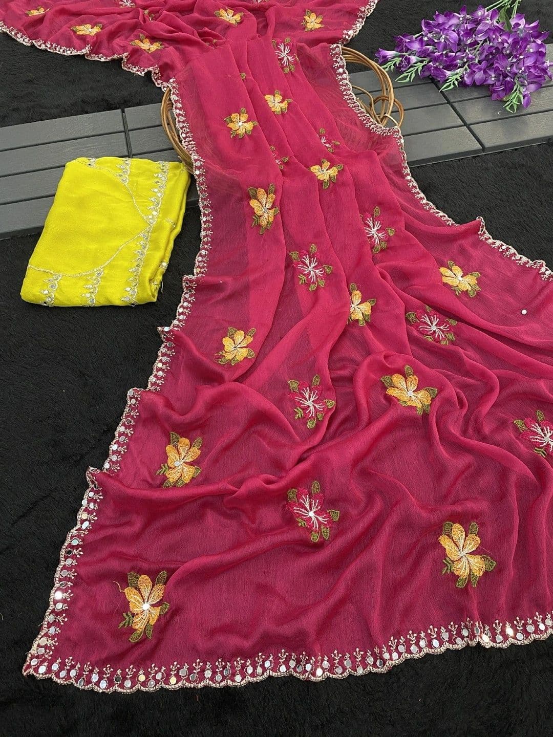 SmileyFashion Floral Mirror Work Poly Chiffon Designer Saree thumbnail 2