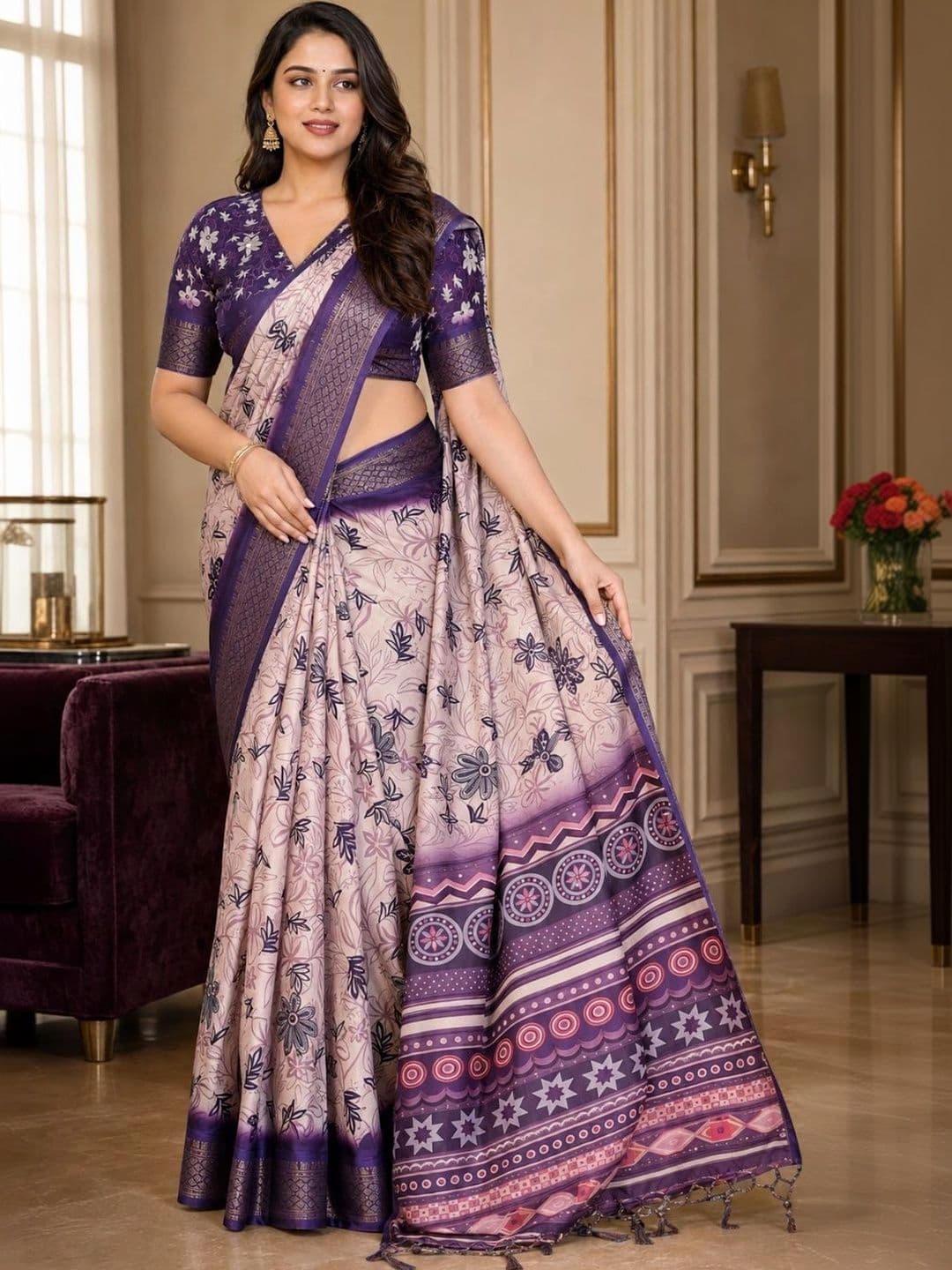 IKSHARA  Women Floral Silk Cotton Saree thumbnail 2