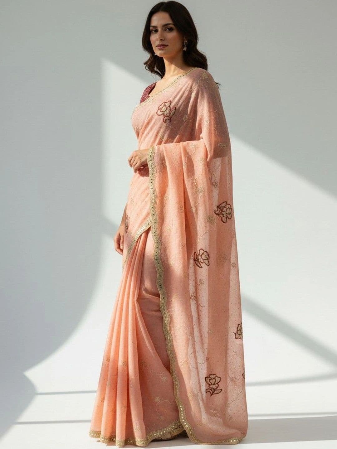 SmileyFashion Floral Embroidered Poly Georgette Saree thumbnail 4