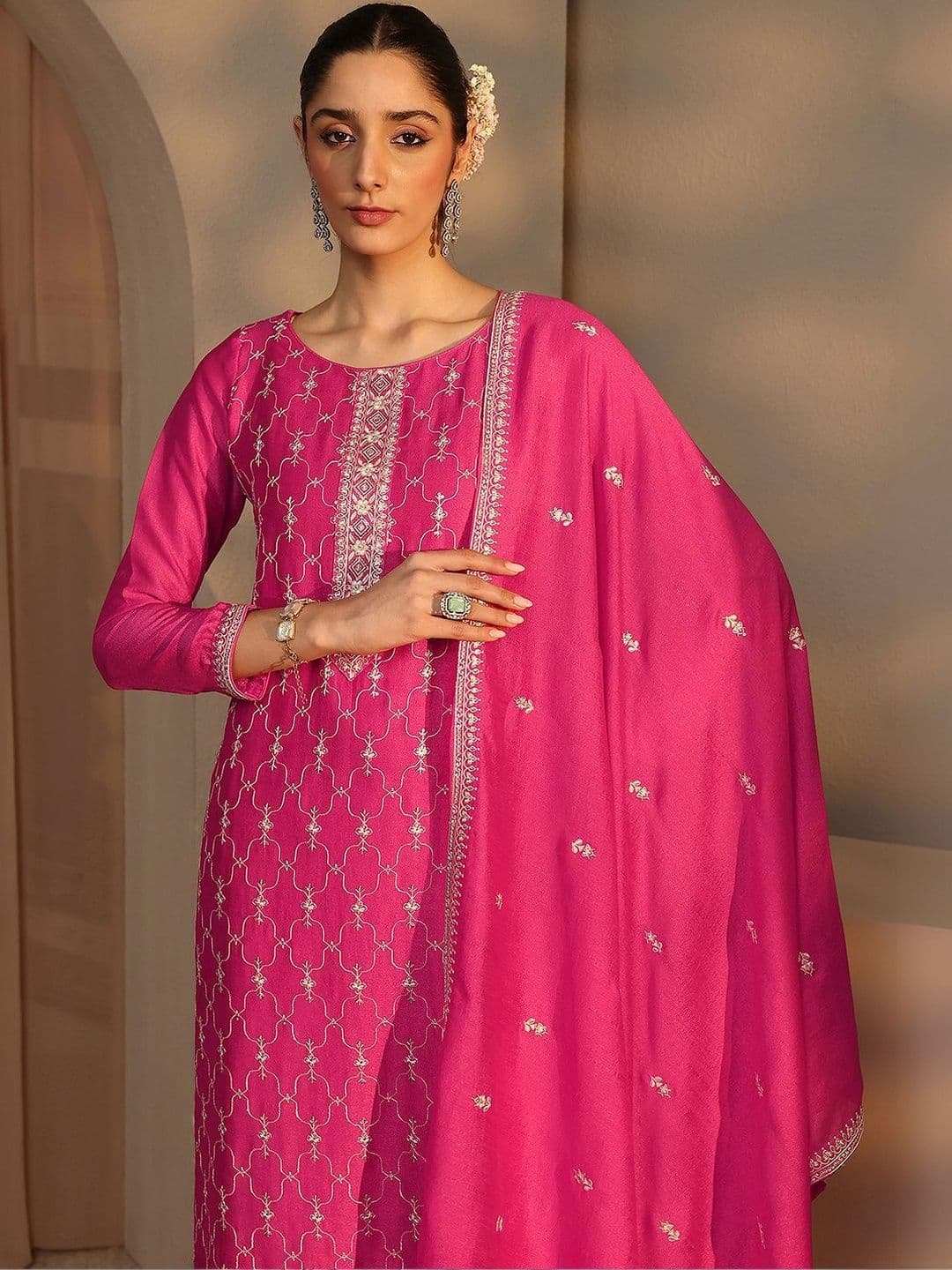 Libas Women Ethnic Motifs Embroidered Regular Thread Work Kurta with Trousers & With Dupatta thumbnail 5