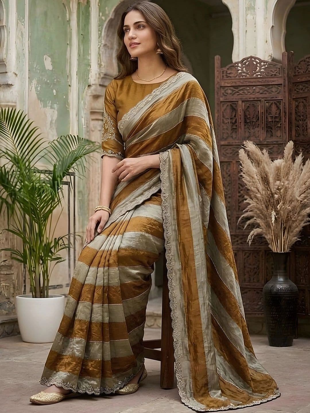 all about you Striped Embroidered Silk Blend Fusion Saree thumbnail 4