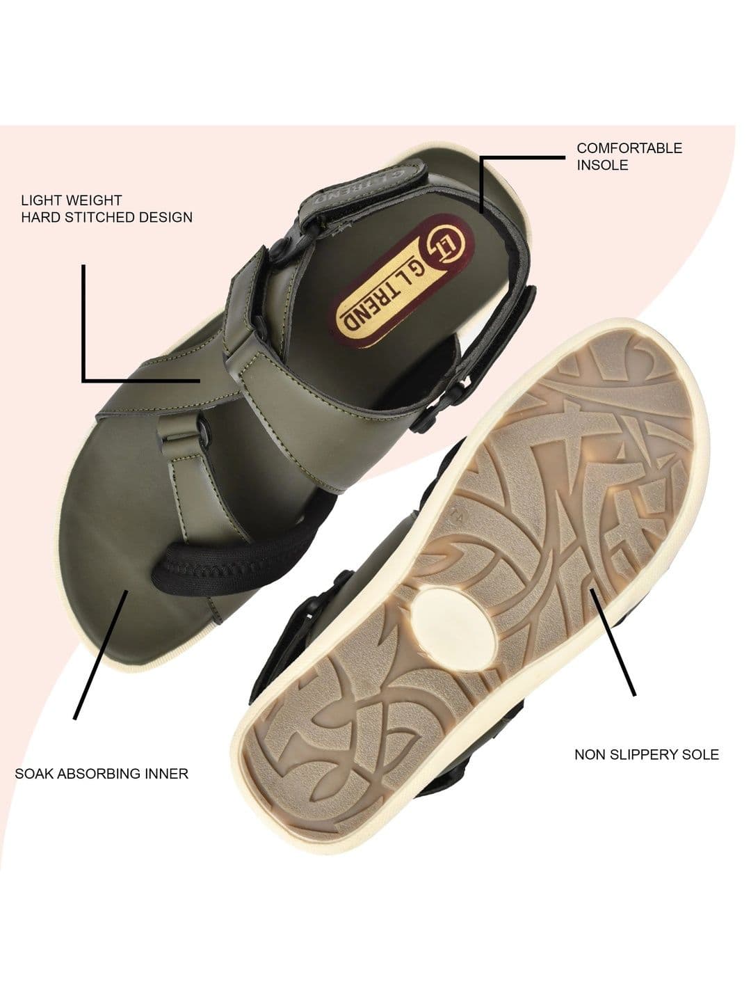 G L Trend Men Leather Comfort Olive Sandals with velcro closure thumbnail 2