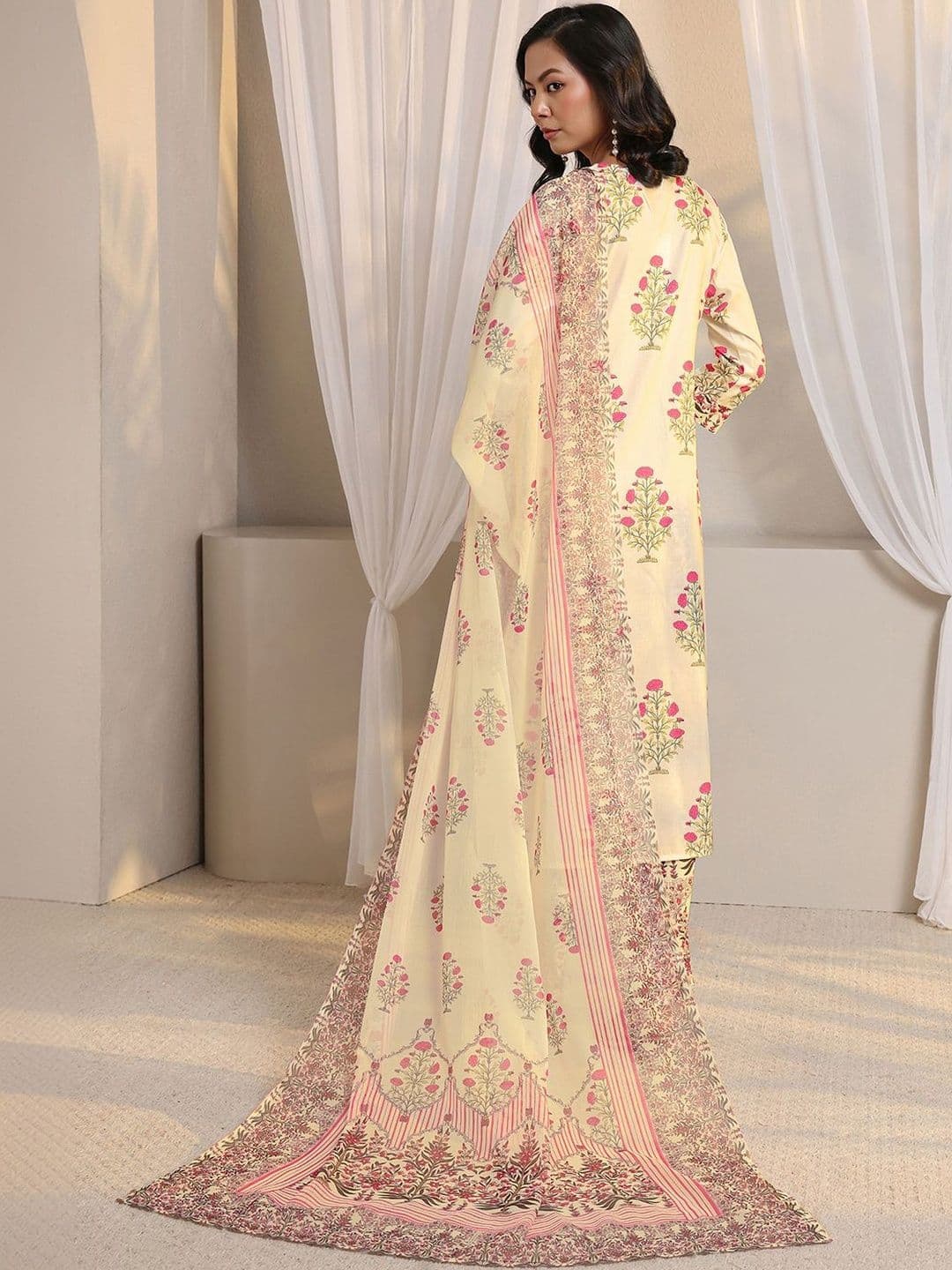 Libas Off White Floral Printed Chanderi Silk Straight Suit Set with Dupatta thumbnail 7
