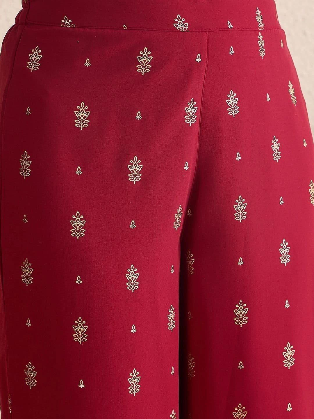 Janasya Women Maroon Georgette Embellished Gold Printed Front-Open Tiered Kurta Pant Set thumbnail 2