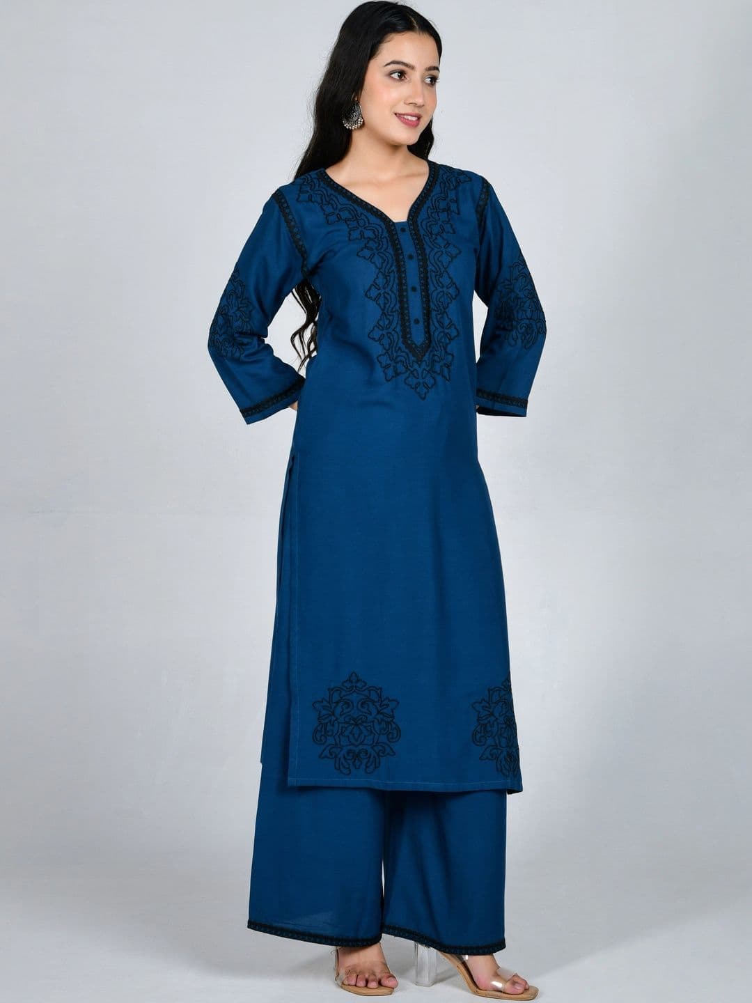 YOJINI Women Ethnic Motifs Embroidered Regular Thread Work Kurta with Palazzos thumbnail 7