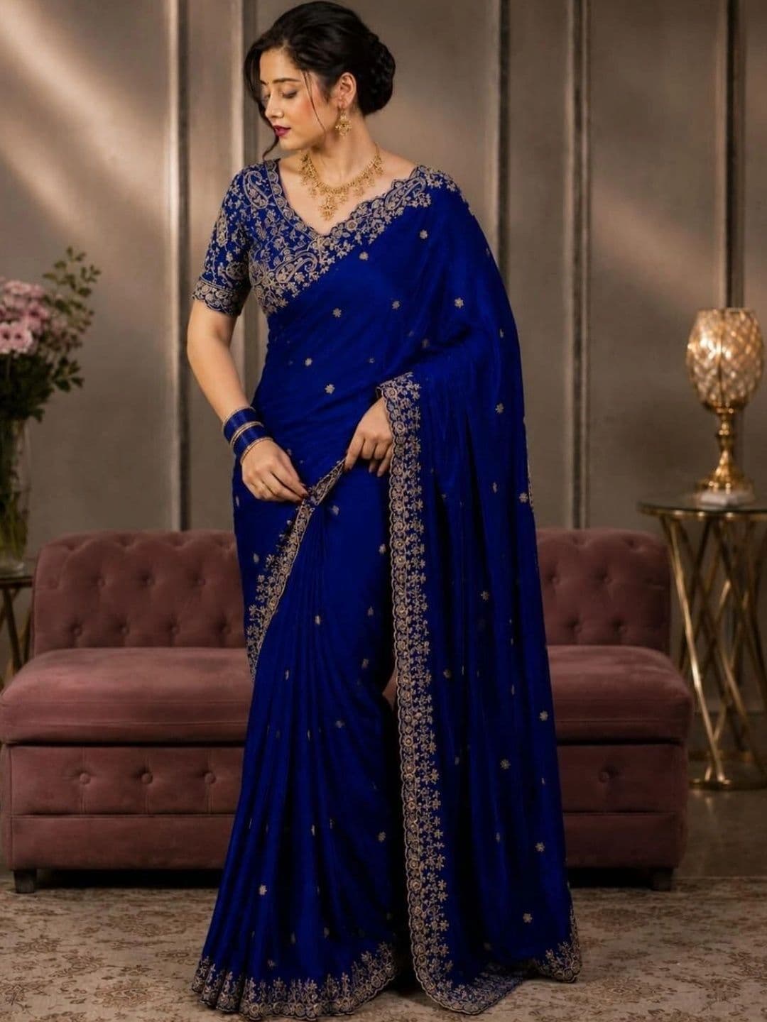 DHARMEE Ethnic Motifs Embroidered Satin Heavy Work Maheshwari Saree thumbnail 5