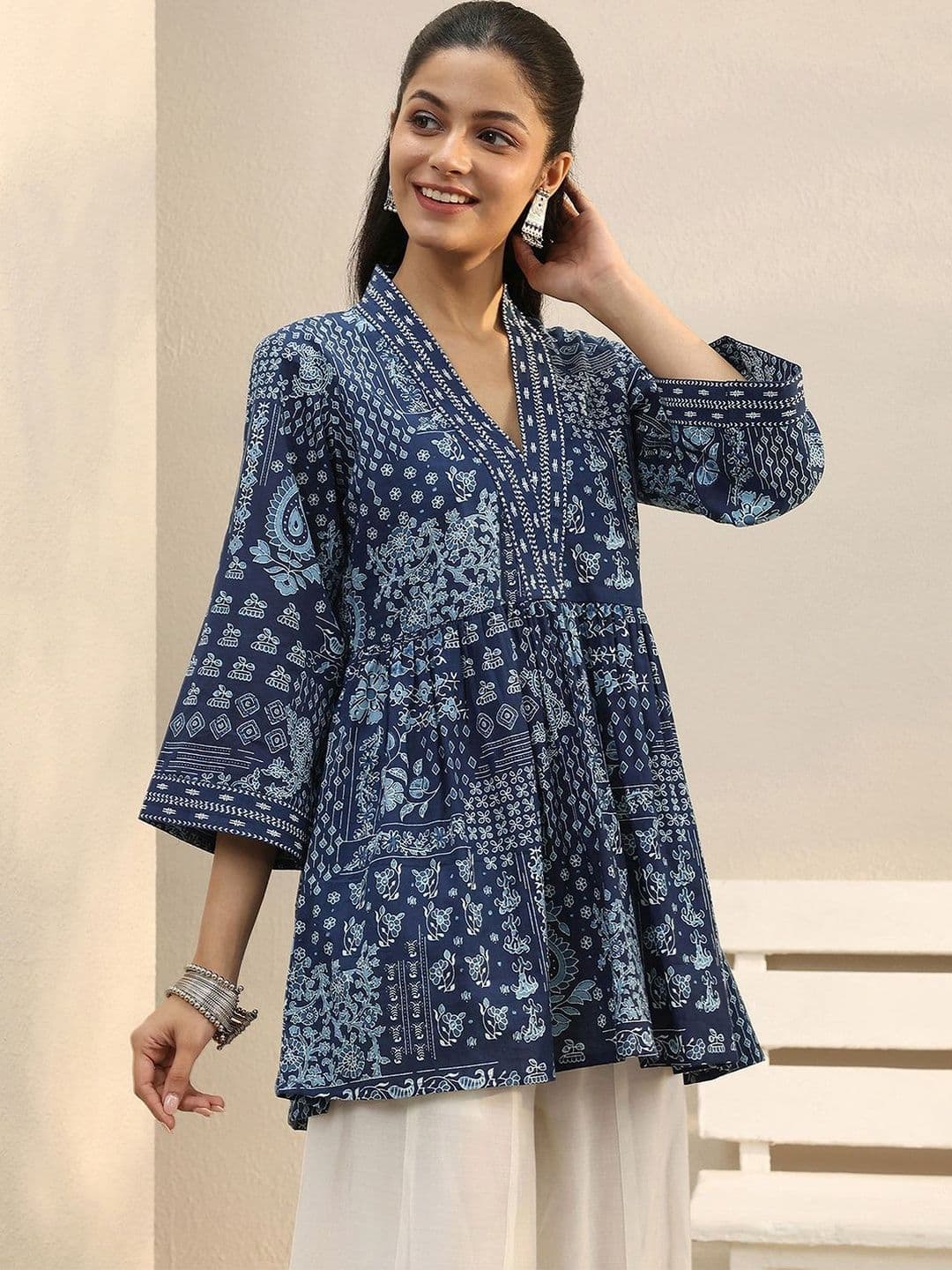 Libas Blue Ethnic Printed Cotton A-Line Short Kurti thumbnail 5
